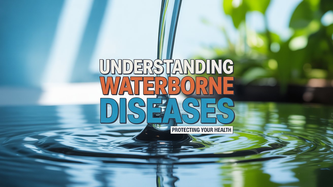 A stylish Pinterest pin for an informative article titled "Understanding Waterborne Diseases". The central focus is a close-up shot of a vibrant, stylized water droplet refracting light, with subtle animation suggesting movement and purification. Bold, colorful typography frames the droplet, highlighting "Understanding Waterborne Diseases" in a playful, yet professional font, and a smaller subtitle “Protecting Your Health”. The background features a blurred, abstract representation of flowing water with hints of lush greenery and a clean, modern aesthetic, bathed in soft, diffused lighting to convey safety and awareness.