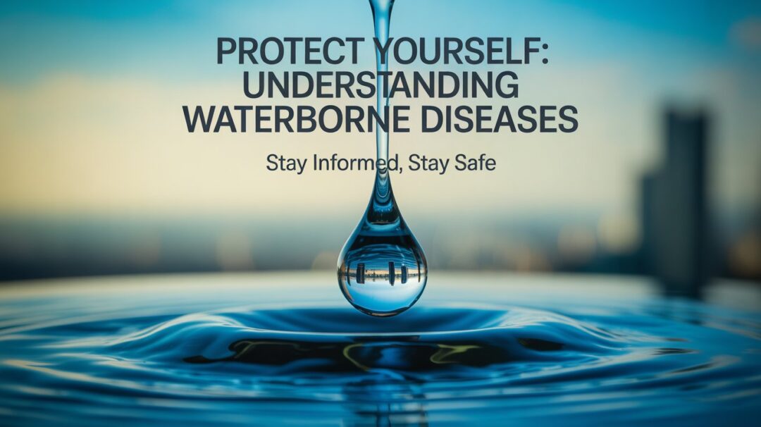 A stylish Pinterest pin promoting an article about waterborne diseases, featuring a close-up view of a single, vibrant droplet of water suspended mid-air. The droplet reflects a distorted, blurred cityscape within its surface, hinting at the unseen dangers lurking within water sources. Bold, colorful fonts display the article title "Protect Yourself: Understanding Waterborne Diseases" at the top and a subtle tagline "Stay Informed, Stay Safe" beneath the droplet. The background is a soft gradient of teal and blue, creating a clean and inviting aesthetic, ensuring the droplet and text are the focal point.