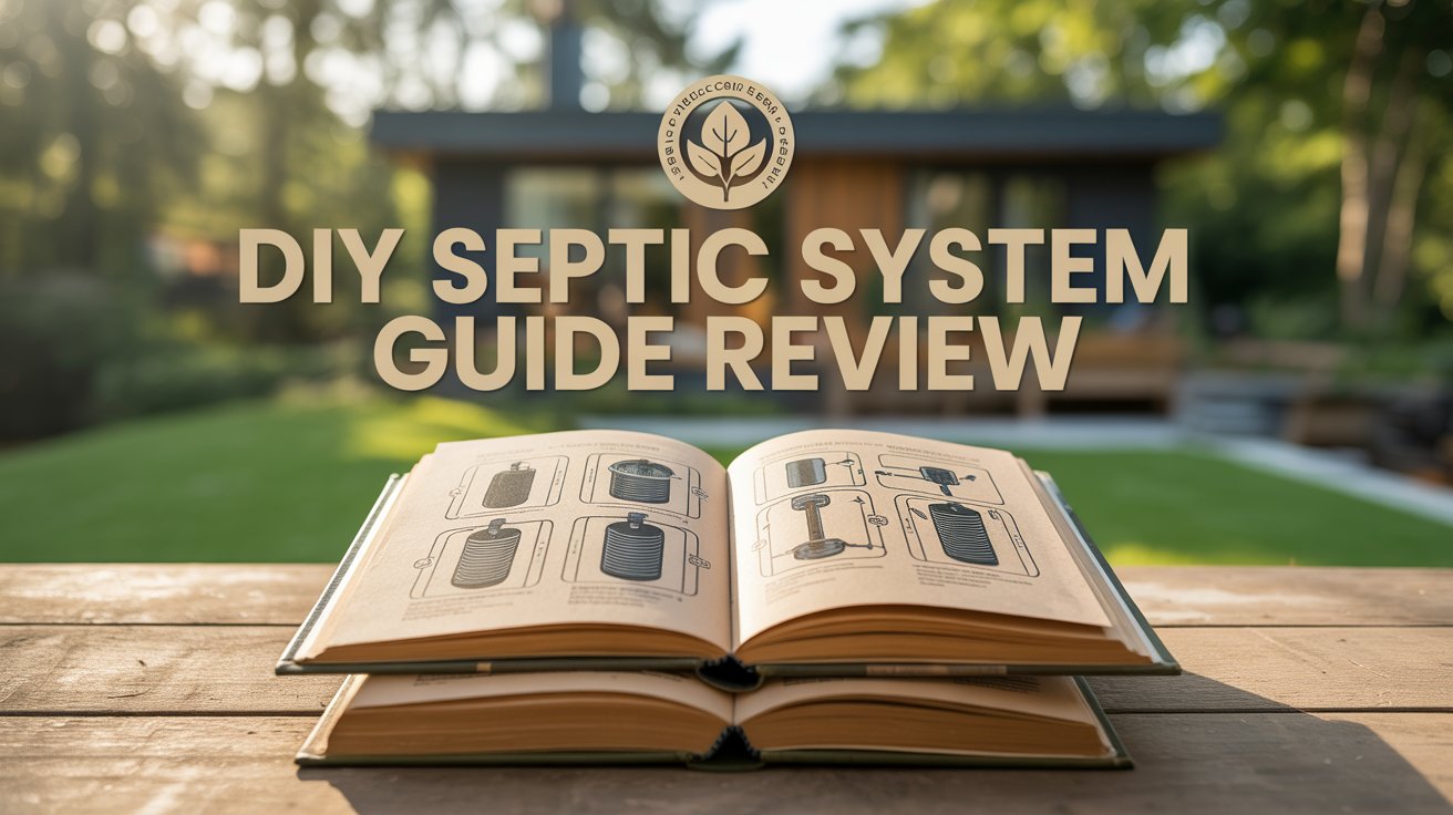 A stylish Pinterest pin showcasing a comprehensive "DIY Septic System Guide Review". The central focus is a neatly arranged stack of three open books with detailed diagrams and illustrations of septic system components, bathed in warm natural light. Behind the books, a blurred background depicts a lush, green backyard with a subtle hint of a modern, eco-friendly home, emphasizing the environmental theme. The title "DIY Septic System Guide Review" is displayed in bold, earthy-toned fonts across the top of the pin, alongside an emblem of a leaf symbolizing sustainability.