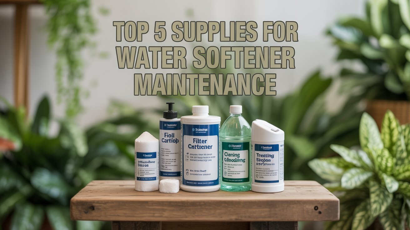 A stylish Pinterest pin showcasing "Top 5 Supplies for Water Softener Maintenance" in a visually appealing arrangement. The central focus is a neatly organized collection of five essential water softener maintenance supplies – including salt, filter cartridges, cleaning solution, and testing strips – artfully arranged on a rustic wooden surface. Surrounding the supplies is a subtly blurred background of lush green foliage, symbolizing environmental care and sustainability, with soft, natural lighting creating a serene and inviting atmosphere. The title text is displayed in bold, eco-friendly font at the top, creating a clear and inviting visual for homeowners seeking practical water softener upkeep tips.