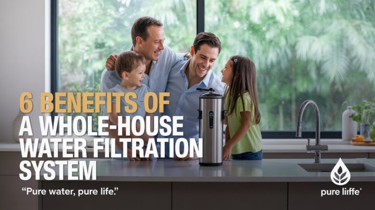 A vibrant lifestyle Pinterest pin advertisement promoting an article titled '6 Benefits of a Whole-House Water Filtration System' showcases a smiling family gathered around a modern kitchen island, with a sleek, stainless steel filtration system subtly integrated into the background. The kitchen is flooded with natural light, highlighting clean lines and a minimalist aesthetic, with a blurred background of lush greenery visible through a large window, symbolizing purity and health. Bold, colorful fonts display the article title in a playful yet professional manner, while a smaller tagline reads "“Pure Water, Pure Life”" subtly placed in the corner, complemented by a stylized icon of clean water droplets and the brand logo—a leaf inside a water droplet—in the bottom right corner. The overall mood is optimistic and aspirational, conveying the benefits of clean water and a healthy home environment through a visually appealing and informative design.