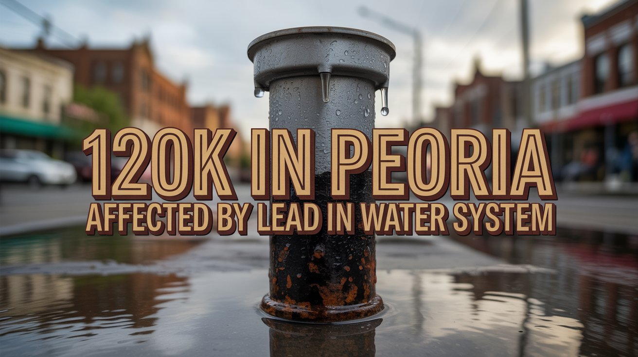A vibrant Pinterest pin promoting an article titled "120K in Peoria Affected by Lead in Water System". The central focus is a distressed vintage water pipe, slightly rusted, with droplets of water clinging to its surface, prominently positioned against a blurred background. Bold, colorful block letters spell out “120K in Peoria” in a layered, dynamic style, while the words “Affected by Lead in Water System” are displayed below in a slightly smaller, contrasting font. The background features a subtle, out-of-focus image of a historical Peoria neighborhood, bathed in a somber, overcast light to convey a sense of urgency and concern.