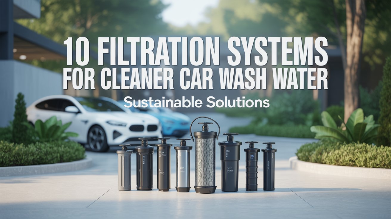 A visually striking product shot advertisement showcasing ten diverse filtration systems arranged artfully on a clean, white concrete surface, ideal for a Pinterest pin. The background features a blurred, eco-friendly car wash scene with sparkling clean vehicles and lush greenery, illuminated by soft, natural light that highlights the filtration systems’ sleek designs and advanced technology. Bold, environmentally-themed fonts display the title "10 Filtration Systems for Cleaner Car Wash Water" prominently at the top, accompanied by the tagline “Sustainable Solutions” in a smaller, complementary font, reinforcing a commitment to environmental responsibility. The overall aesthetic is clean, modern, and professional, creating a sense of trust and showcasing the filtration systems as essential tools for eco-conscious car washes.