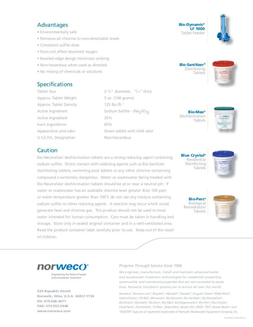 Norweco Bio-Neutralizer Tablets - 45lb - Dechlorination Tablets - 35% Sodium Sulfite Norweco Bio-Neutralizer Tablets - 45lb - Dechlorination Tablets - 35% Sodium Sulfite