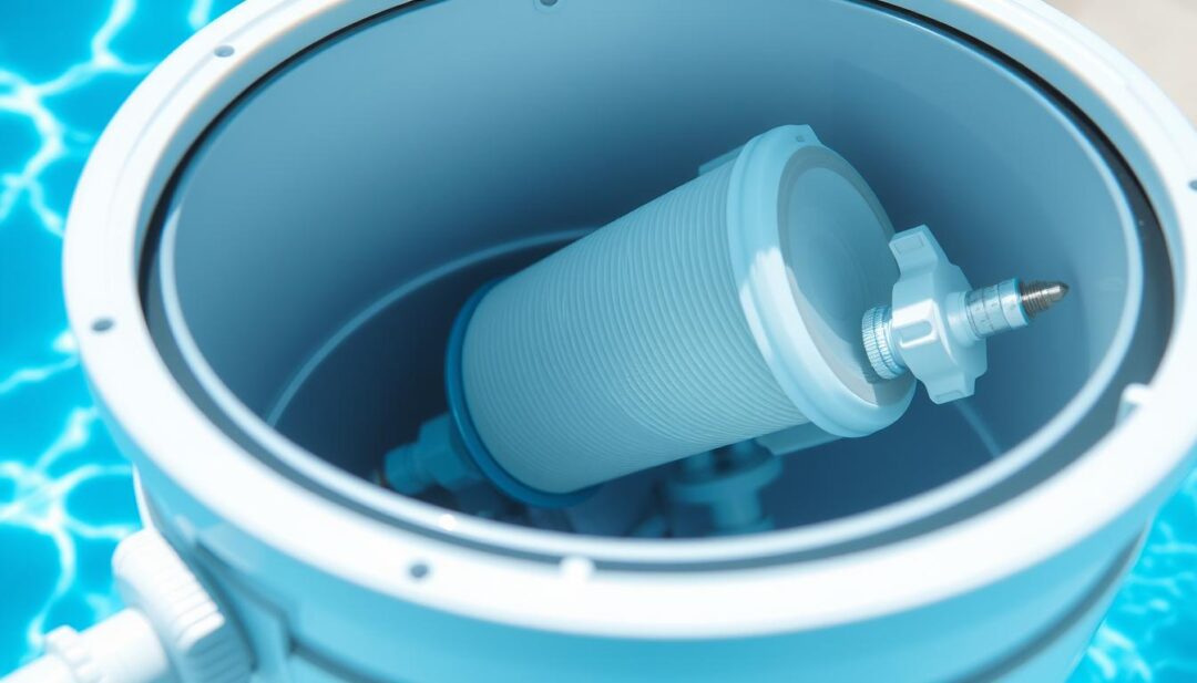 A close-up view of a swimming pool filter system, showcasing its internal components. The filter housing is made of durable, high-quality materials, with a transparent lid that allows for easy inspection. The filter cartridge is prominently displayed, surrounded by a network of pipes and valves that control the water flow. The lighting is crisp and evenly distributed, creating a clean, technical aesthetic. The camera angle is slightly elevated, providing a detailed, bird's-eye perspective of the filter system. The overall scene conveys a sense of precision, efficiency, and the importance of proper pool filter sizing for maintaining a healthy, well-functioning swimming pool.