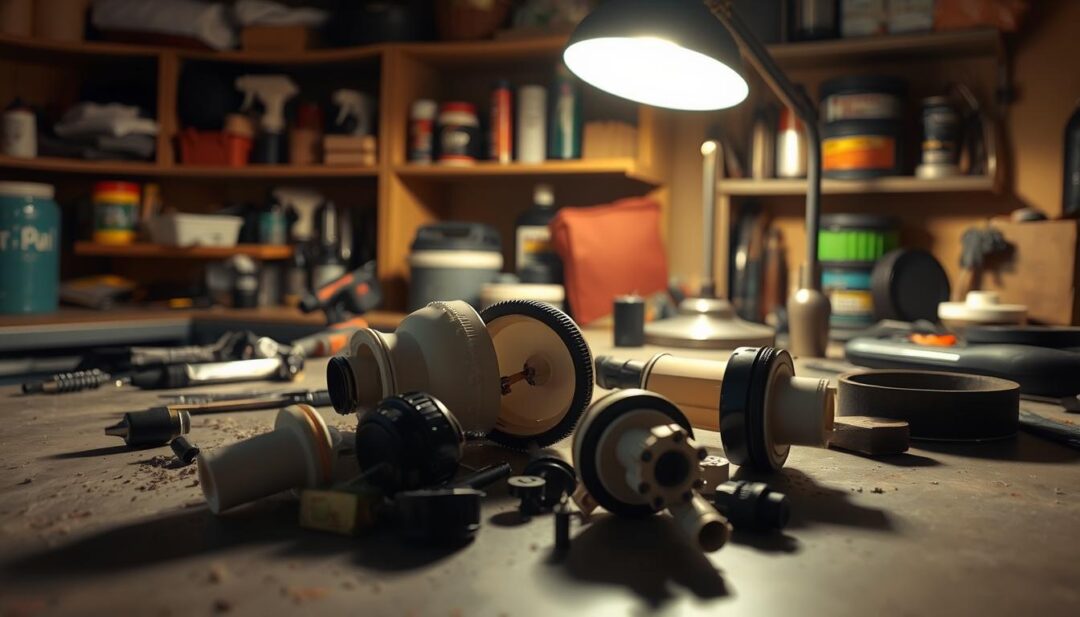 A dimly lit workshop interior, with a workbench covered in tools and a partially disassembled pool filter. The filter components are scattered on the surface, illuminated by the warm glow of a desk lamp. In the background, shelves hold various pool maintenance supplies. The scene conveys a sense of problem-solving, with the filter's inner workings exposed for close inspection. The lighting is soft and creates shadows that add depth and texture to the image. The overall atmosphere is one of focused troubleshooting, as if the viewer is about to dive in and diagnose the issue.