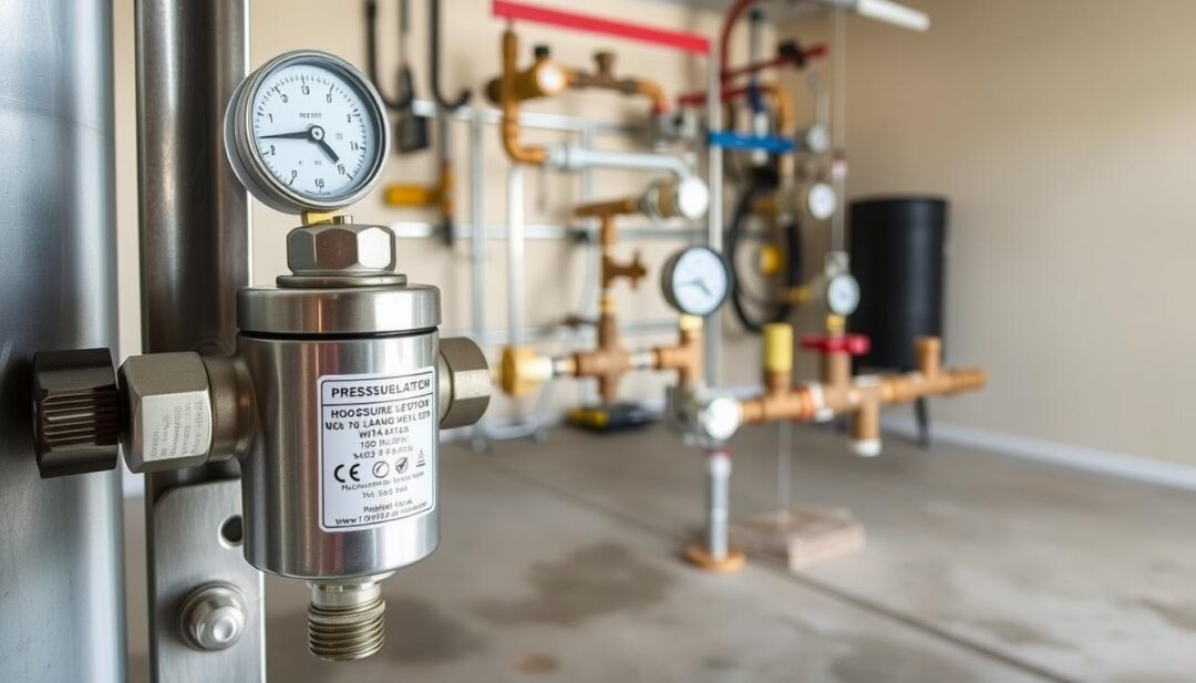 A high-quality, detailed image of a pressure regulator installation for a well water system. The foreground shows a pressure regulator with clear labels on its components, mounted on a sturdy metal bracket. In the middle ground, various plumbing fittings, valves, and gauges are neatly arranged, creating a functional and organized layout. The background depicts a clean, well-lit workspace, possibly a garage or utility room, with concrete floors and neutral-toned walls. The lighting is natural and diffused, creating soft shadows and highlighting the metallic surfaces. The overall scene conveys a sense of precision, functionality, and professional installation for the pressure regulator in a mobile home water system.