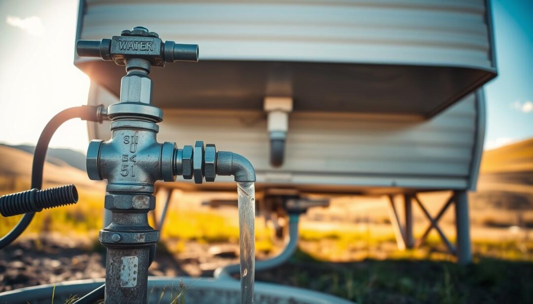 A well water hookup for a mobile home in a rural setting, bathed in warm, golden sunlight. The foreground features the connection point, with a sturdy metal valve, hoses, and fittings in a neatly organized layout. The middle ground showcases the mobile home's underbelly, with the water line running cleanly beneath. In the background, rolling hills and a clear blue sky create a peaceful, pastoral atmosphere. The scene conveys a sense of functionality, simplicity, and harmonious integration of the mobile home with its natural surroundings.