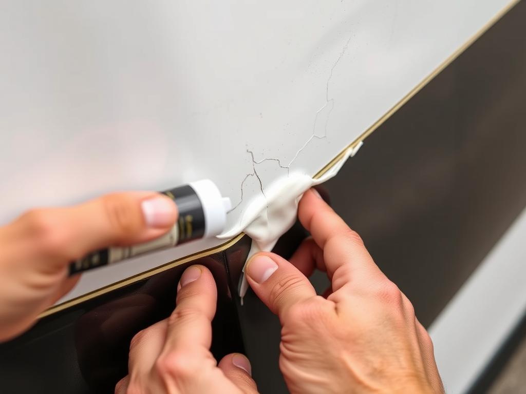 Person applying epoxy putty to RV holding tank crack Person applying epoxy putty to RV holding tank crack