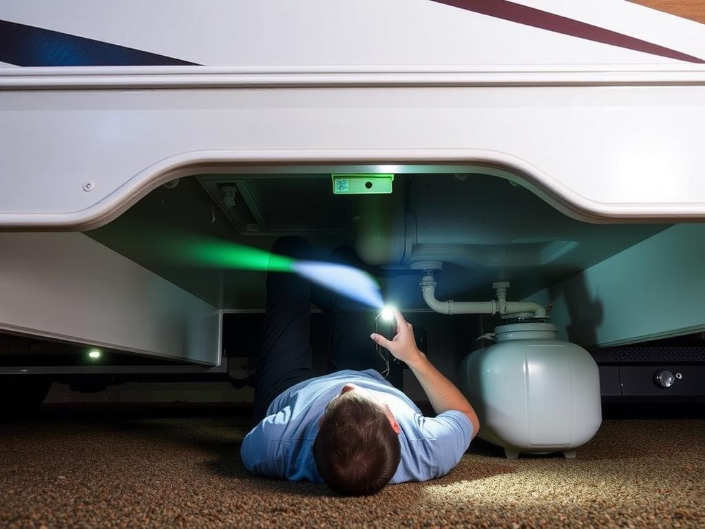 Person inspecting underneath RV with flashlight to locate holding tank leak Person inspecting underneath RV with flashlight to locate holding tank leak