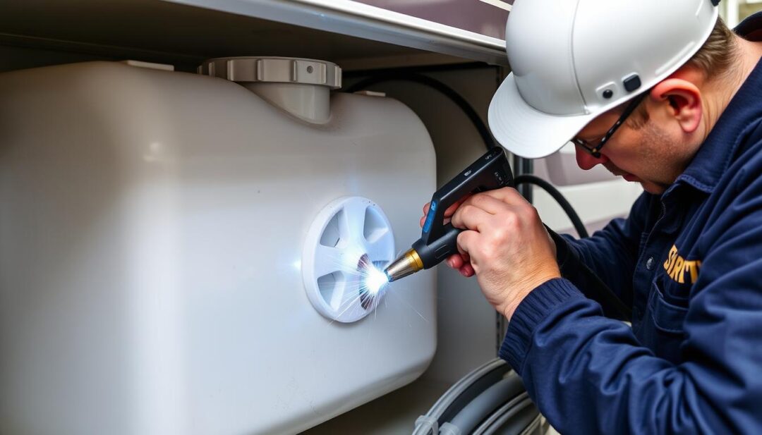 Professional repairing RV holding tank with plastic welding equipment Professional repairing RV holding tank with plastic welding equipment