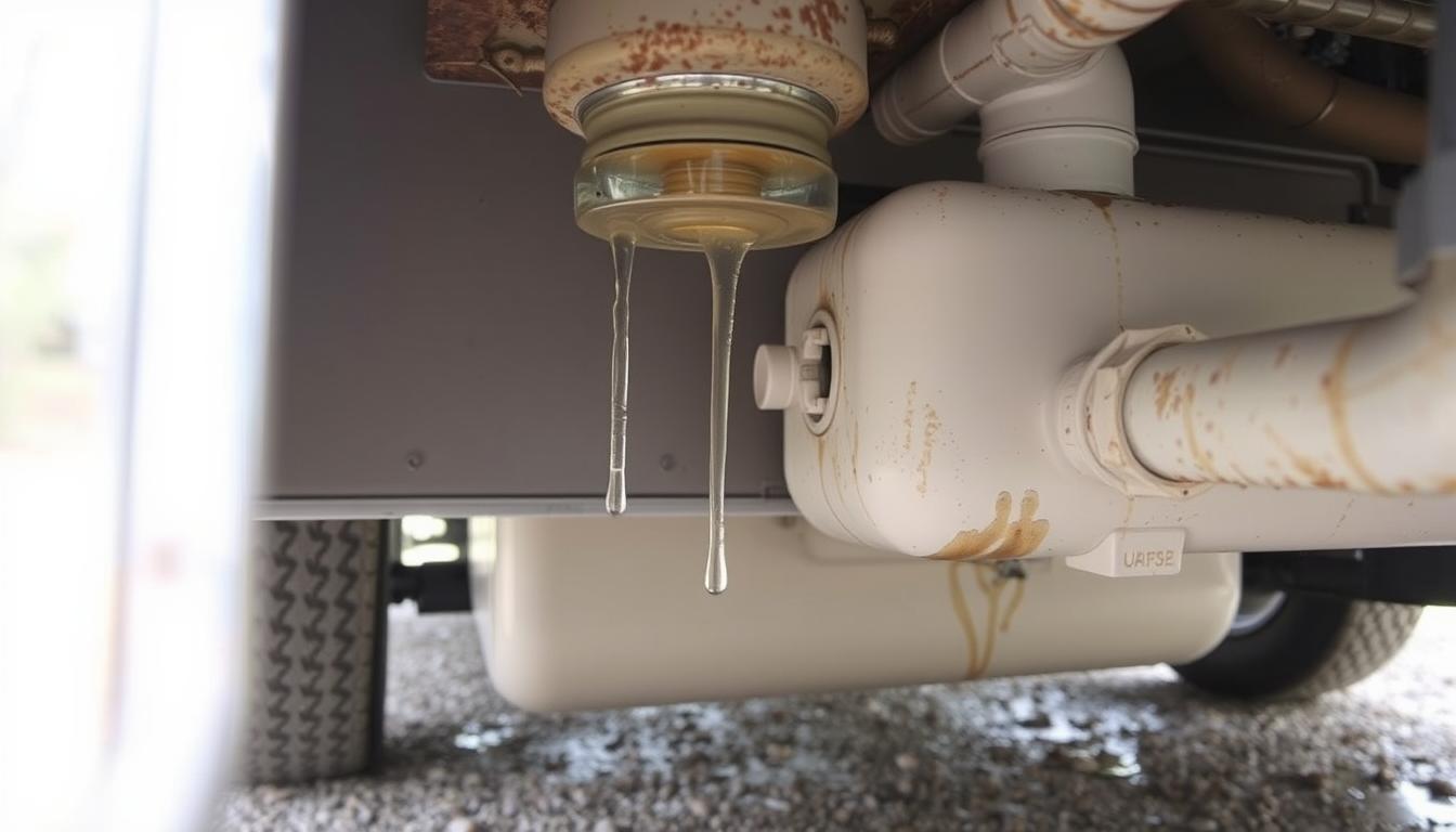 RV holding tank leak causing water damage underneath an RV