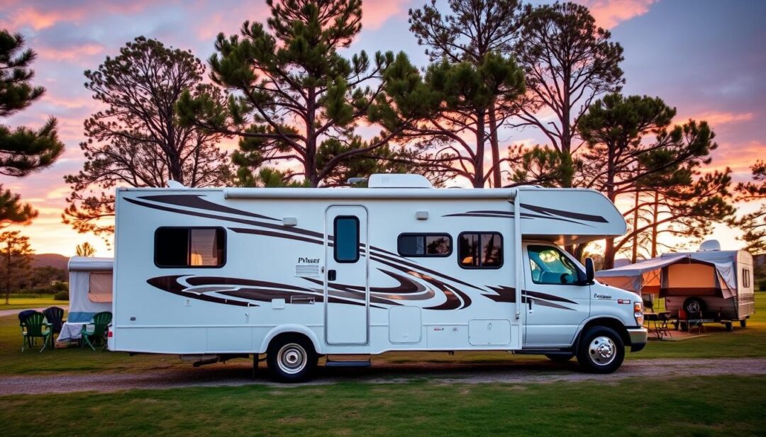 RV parked at campsite with properly maintained holding tanks RV parked at campsite with properly maintained holding tanks