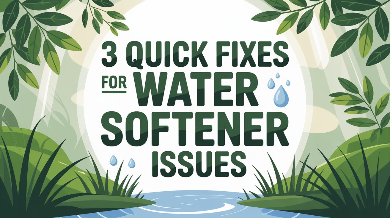 A modern and stylish poster titled "3 Quick Fixes for Water Softener Issues" against a backdrop of lush green foliage and a gentle stream. The title is prominently displayed in bold, eco-friendly font with a slight gradient effect, positioned centrally above a detailed illustration of a water softener unit. Soft, diffused sunlight filters through the leaves, creating a calming and inviting atmosphere, while subtle water droplets on the illustration add a touch of realism and highlight the topic. The overall design conveys a sense of reliability and eco-consciousness, making the poster visually appealing and informative.