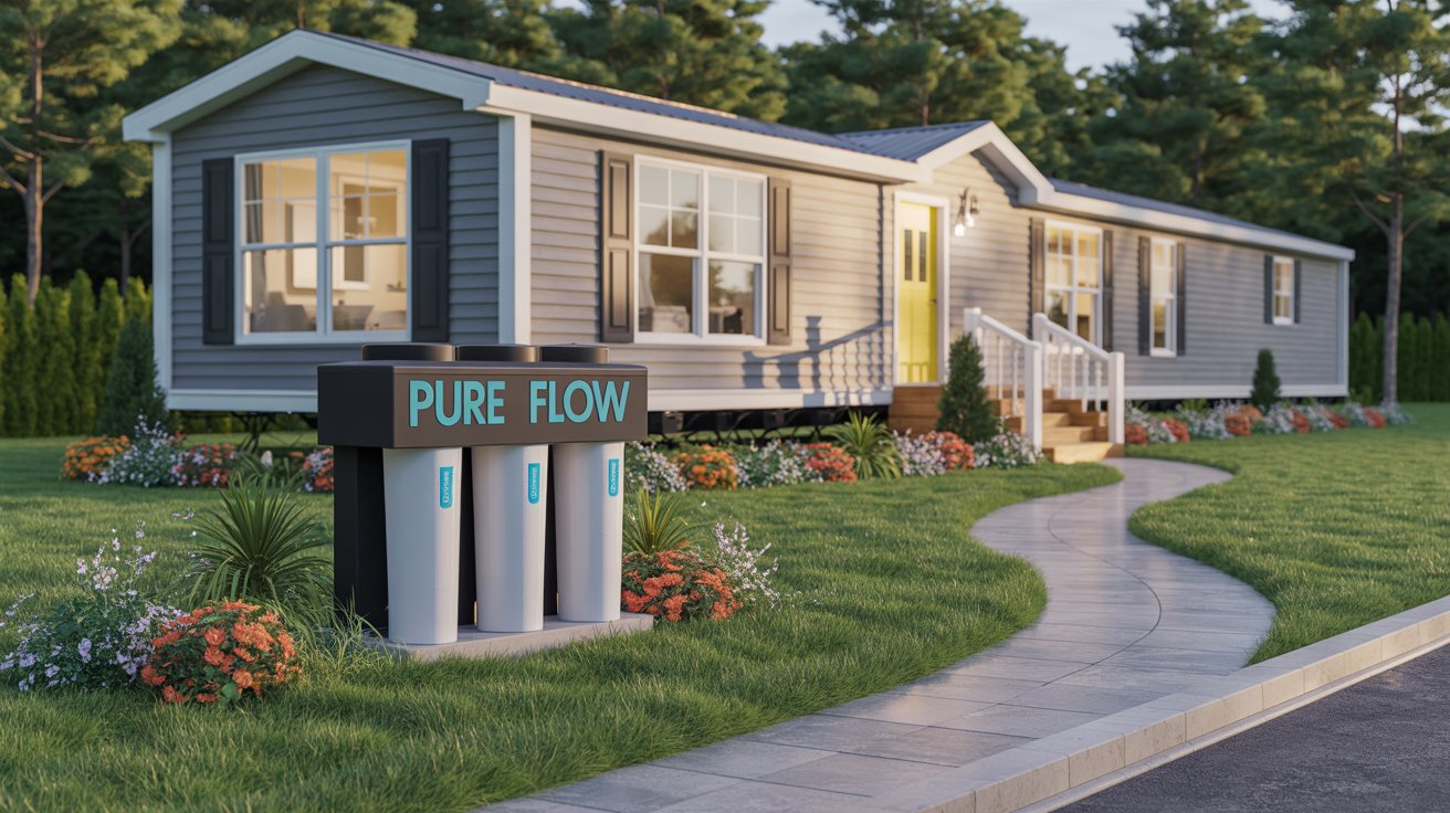 A photograph of a brand new, modern mobile home with sleek gray siding and large picture windows. In front of the home sits a state-of-the-art water filtration system, clearly labeled with "PURE FLOW" in a bold, blue font, surrounded by meticulously manicured green lawn and vibrant flowerbeds. A winding stone path leads from the driveway to the front door, which is painted a cheerful yellow. The scene is bathed in the warm glow of a late afternoon sun, casting long shadows and highlighting the home's welcoming atmosphere.