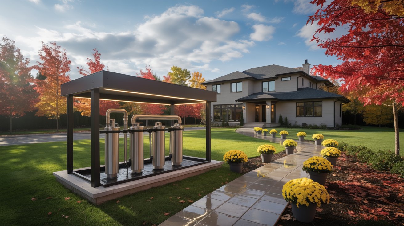A photograph of a modern two-story home nestled amidst a vibrant autumn landscape, with fiery red and golden leaves adorning the trees. In front of the house, a meticulously manicured lawn leads to a sleek, covered water filtration system with stainless steel components gleaming in the sunlight, highlighted with subtle accent lighting. A winding stone pathway leads to the front door, flanked by neatly arranged potted mums, with soft, diffused sunlight bathing the scene in a warm, inviting glow. The sky is a clear, crisp blue with scattered fluffy clouds, creating a sense of tranquility and new beginnings.