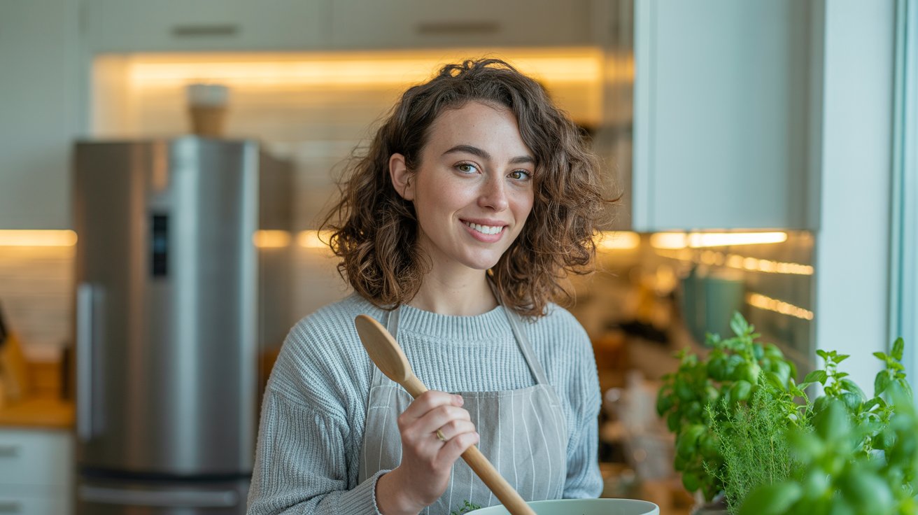 A photograph of a young woman with curly brown hair standing in a bright, modern kitchen. She’s wearing a light gray sweater and apron, smiling gently as she looks at the viewer while holding a wooden spoon. In the background, a sleek stainless steel refrigerator stands against a tiled wall with warm recessed lighting, and a window offers a glimpse of a vibrant herb garden. Soft natural light streams in from the window, highlighting the clean lines and inviting atmosphere of the kitchen.