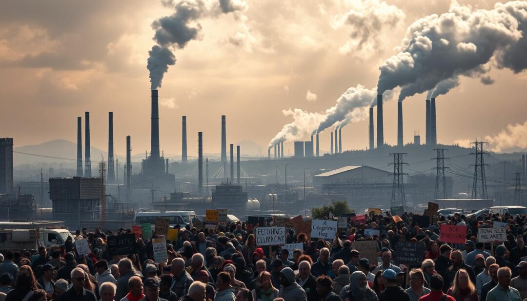 A bustling urban landscape with towering smokestacks and industrial complexes, casting ominous shadows across the foreground. In the middle ground, a diverse community of people gathers, their faces etched with concern and determination. They hold signs and banners, calling attention to the disproportionate environmental burdens they face. The background is shrouded in a hazy, sickly atmosphere, reflecting the toxic pollutants that permeate the air. Harsh, directional lighting casts dramatic shadows, heightening the sense of unease and injustice. The overall composition conveys the stark realities of environmental injustice, where marginalized communities bear the brunt of environmental degradation.