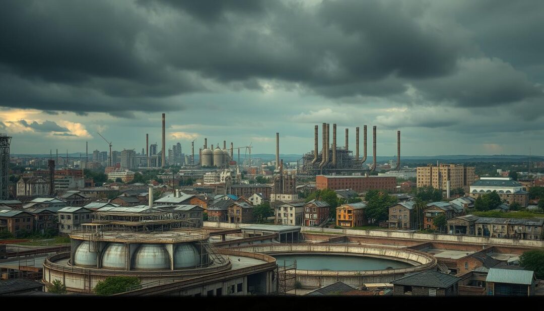 A detailed cityscape with a water treatment plant in the foreground, surrounded by crumbling infrastructure and homes. In the middle ground, dilapidated buildings and abandoned factories, conveying economic decline. The background features a cloudy, somber sky with a faint rainbow, symbolizing the aftermath of water contamination. Muted colors, low-key lighting, and a sense of desolation permeate the scene, highlighting the environmental and economic devastation caused by tainted water supplies.