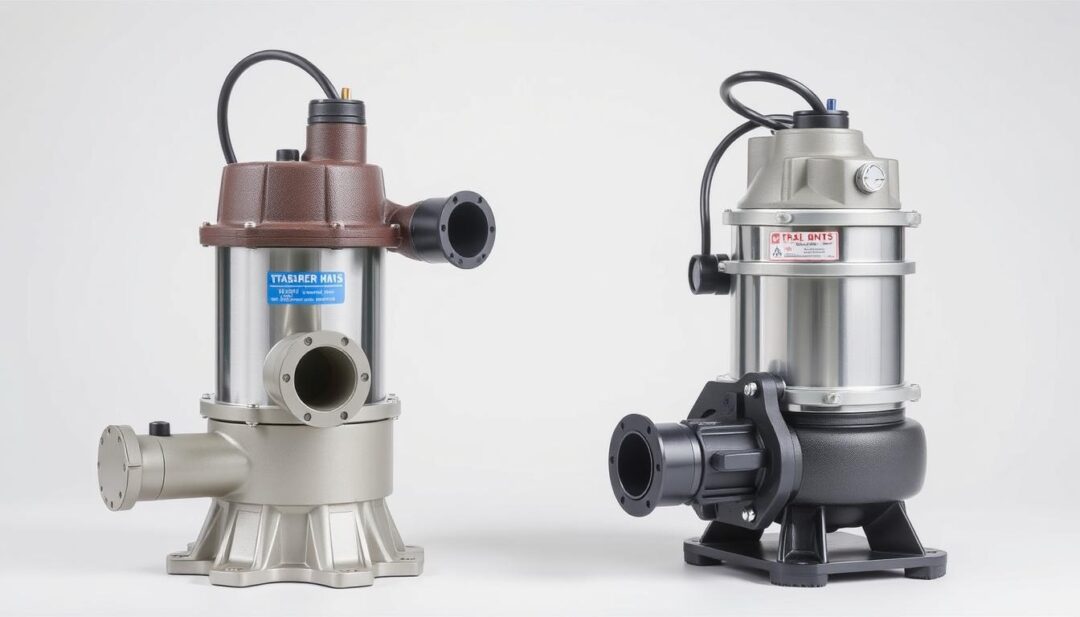 A detailed comparison of two water pumps, one a standard water pump and the other a trash pump, set against a neutral background. The pumps are shown from multiple angles, with close-up views highlighting their key features and differences. Crisp, high-resolution photography with even, natural lighting illuminates the pumps' construction, intake nozzles, and control mechanisms. The overall scene conveys a sense of technical precision and functional comparison, inviting the viewer to assess the strengths and applications of each pump type. A detailed comparison of two water pumps, one a standard water pump and the other a trash pump, set against a neutral background. The pumps are shown from multiple angles, with close-up views highlighting their key features and differences. Crisp, high-resolution photography with even, natural lighting illuminates the pumps' construction, intake nozzles, and control mechanisms. The overall scene conveys a sense of technical precision and functional comparison, inviting the viewer to assess the strengths and applications of each pump type.