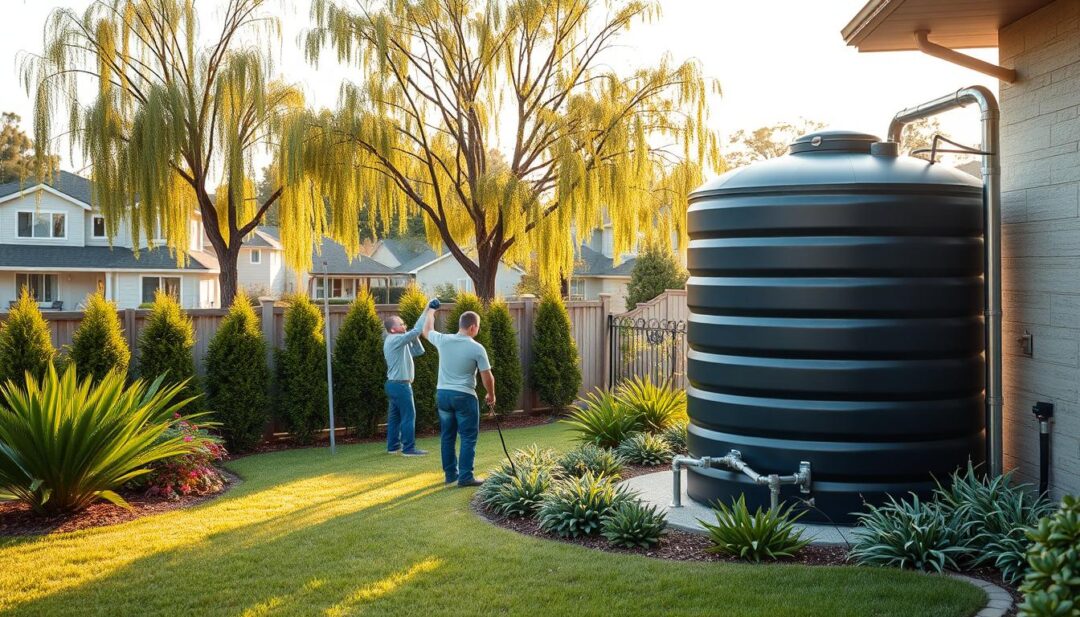 A detailed, contemporary water tank installation in a modern, suburban backyard. The large, cylindrical tank stands prominently in the foreground, surrounded by lush, manicured greenery. In the middle ground, a crew of professional plumbers is meticulously connecting the tank to the home's water supply, using high-quality pipes and fittings. The background reveals a picturesque residential neighborhood, with well-maintained homes and trees swaying gently in the soft, diffused sunlight. The scene conveys a sense of order, functionality, and environmental harmony, highlighting the practical and aesthetic considerations of a thoughtfully planned water tank installation.