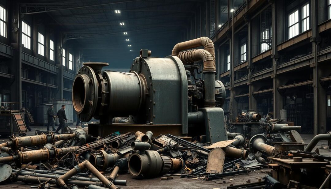 A massive industrial trash pump standing tall in a rugged, gritty factory setting. The pump's sturdy metal frame and powerful diesel engine dominate the foreground, its worn exterior and weathered hoses hinting at its hard-working nature. The middle ground features a clutter of industrial debris - discarded pipes, scrap metal, and abandoned machinery - creating a sense of utilitarian chaos. In the background, shadowy figures move amidst the dim lighting, the high ceilings and towering shelves conveying the scale and industrial nature of the environment. The overall scene radiates a sense of functional purpose, the trash pump at the center of this utilitarian landscape, ready to tackle the toughest jobs. A massive industrial trash pump standing tall in a rugged, gritty factory setting. The pump's sturdy metal frame and powerful diesel engine dominate the foreground, its worn exterior and weathered hoses hinting at its hard-working nature. The middle ground features a clutter of industrial debris - discarded pipes, scrap metal, and abandoned machinery - creating a sense of utilitarian chaos. In the background, shadowy figures move amidst the dim lighting, the high ceilings and towering shelves conveying the scale and industrial nature of the environment. The overall scene radiates a sense of functional purpose, the trash pump at the center of this utilitarian landscape, ready to tackle the toughest jobs.