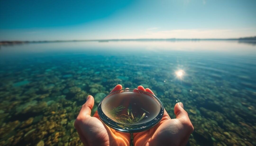 A pristine lake reflecting the azure sky, its surface like a mirror, revealing the vibrant aquatic life beneath. Sunlight filters through the crystal-clear water, illuminating the lush underwater vegetation. In the foreground, a pair of hands cupping a handful of the transparent liquid, symbolizing the preciousness and importance of clean, safe source water. The serene atmosphere conveys the tranquility and vitality of a healthy, well-protected water source, essential for public health and well-being. A pristine lake reflecting the azure sky, its surface like a mirror, revealing the vibrant aquatic life beneath. Sunlight filters through the crystal-clear water, illuminating the lush underwater vegetation. In the foreground, a pair of hands cupping a handful of the transparent liquid, symbolizing the preciousness and importance of clean, safe source water. The serene atmosphere conveys the tranquility and vitality of a healthy, well-protected water source, essential for public health and well-being.