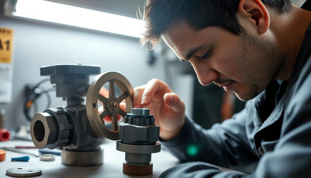 A professional technician closely inspecting a backflow preventer device, meticulously examining the internal components under bright, focused lighting. The device is situated on a clean, organized workbench, with various tools and spare parts nearby, conveying a sense of thorough troubleshooting. The technician's face is visible, their expression one of concentration as they identify the source of any issues. The overall scene radiates an atmosphere of careful, analytical problem-solving, highlighting the importance of maintaining and repairing these critical plumbing safety systems. A professional technician closely inspecting a backflow preventer device, meticulously examining the internal components under bright, focused lighting. The device is situated on a clean, organized workbench, with various tools and spare parts nearby, conveying a sense of thorough troubleshooting. The technician's face is visible, their expression one of concentration as they identify the source of any issues. The overall scene radiates an atmosphere of careful, analytical problem-solving, highlighting the importance of maintaining and repairing these critical plumbing safety systems.