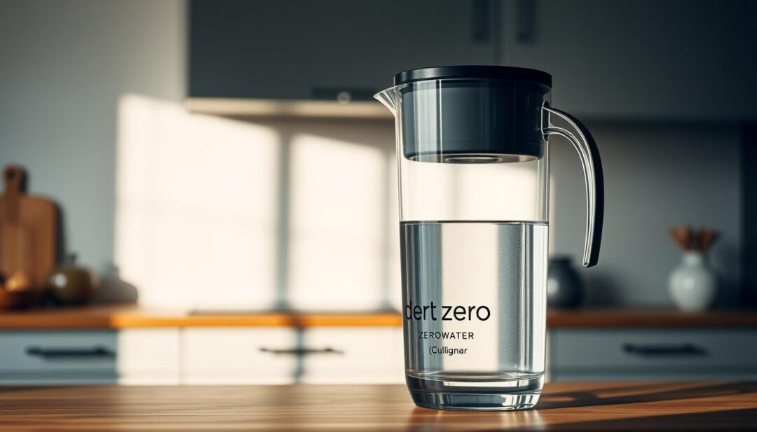 A sleek and modern Culligan ZeroWater pitcher standing on a wooden kitchen counter, bathed in soft, natural lighting. The pitcher's clear glass carafe prominently displays the iconic ZeroWater logo, highlighting its sophisticated design. The top filtering compartment is visible, showcasing the advanced filtration technology that removes impurities and delivers crisp, purified water. In the background, a minimalist kitchen setting with muted colors creates a serene, inviting atmosphere, reflecting the product's ability to enhance the user's everyday hydration experience. A sleek and modern Culligan ZeroWater pitcher standing on a wooden kitchen counter, bathed in soft, natural lighting. The pitcher's clear glass carafe prominently displays the iconic ZeroWater logo, highlighting its sophisticated design. The top filtering compartment is visible, showcasing the advanced filtration technology that removes impurities and delivers crisp, purified water. In the background, a minimalist kitchen setting with muted colors creates a serene, inviting atmosphere, reflecting the product's ability to enhance the user's everyday hydration experience.