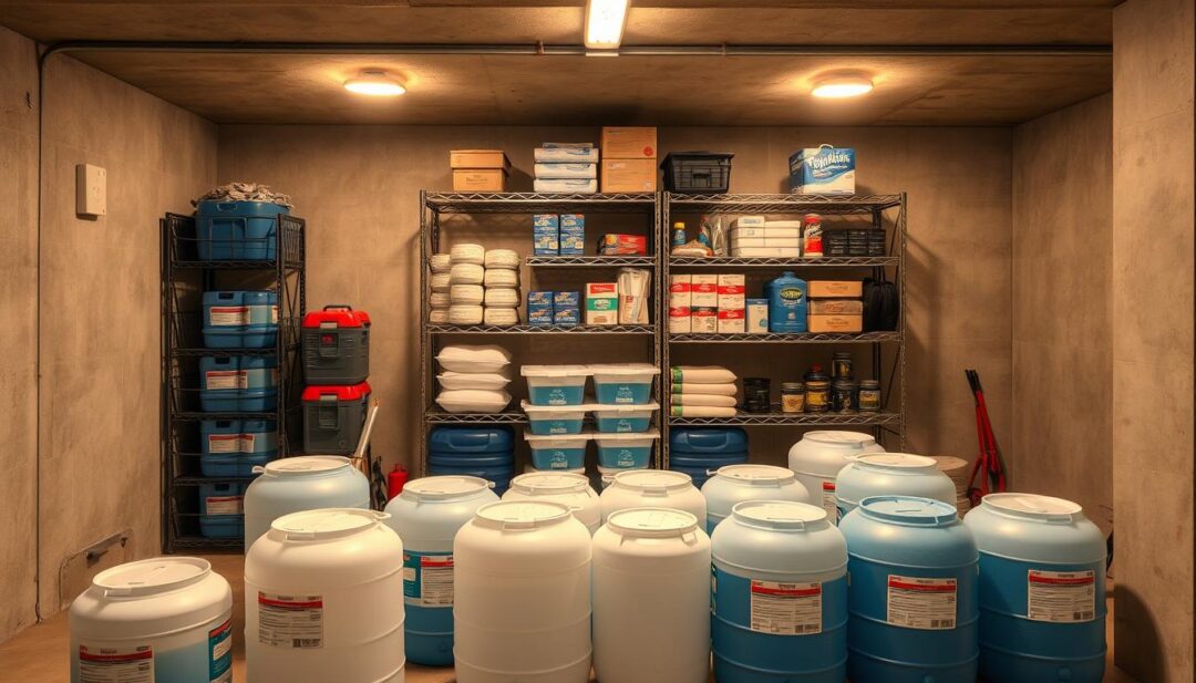 A spacious, well-organized emergency water storage area in a modern, well-lit basement. In the foreground, several large, stackable plastic water barrels sit neatly arranged, their labels clearly visible. The middle ground features sturdy metal shelving units holding additional supplies such as water purification tablets, emergency rations, and flashlights. The background showcases the basement's clean, uncluttered concrete walls and floor, conveying a sense of preparedness and efficiency. Warm, natural lighting from overhead fixtures illuminates the scene, creating a calming, reassuring atmosphere for this essential home emergency resource.