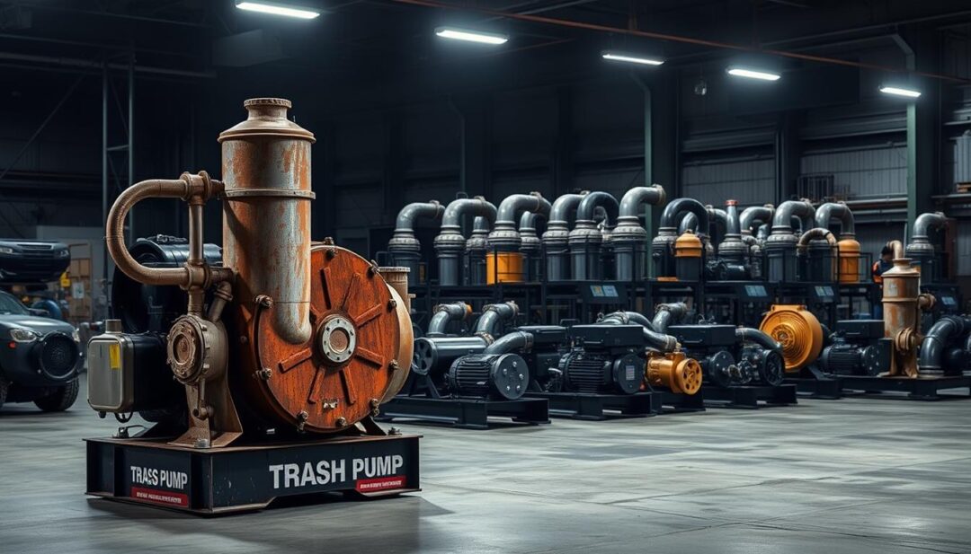 A well-lit industrial scene showcasing an assortment of different trash pump models, each designed for specific applications. In the foreground, a large, heavy-duty trash pump with a rugged, weathered appearance stands prominently, its powerful engine and robust construction evident. In the middle ground, a diverse range of trash pumps in various sizes and configurations are neatly arranged, each with unique features and capabilities. The background features a dimly lit warehouse-like setting, with shadows and highlights creating a sense of depth and technical precision. The overall atmosphere conveys the versatility, durability, and essential role of these specialized pumping machines in industrial and commercial applications. A well-lit industrial scene showcasing an assortment of different trash pump models, each designed for specific applications. In the foreground, a large, heavy-duty trash pump with a rugged, weathered appearance stands prominently, its powerful engine and robust construction evident. In the middle ground, a diverse range of trash pumps in various sizes and configurations are neatly arranged, each with unique features and capabilities. The background features a dimly lit warehouse-like setting, with shadows and highlights creating a sense of depth and technical precision. The overall atmosphere conveys the versatility, durability, and essential role of these specialized pumping machines in industrial and commercial applications.