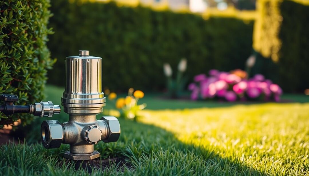 A well-lit scene showcasing a backflow preventer device installed in a residential landscape. The backflow preventer is prominently displayed in the foreground, its metallic housing gleaming under warm sunlight. The middle ground features lush green grass and vibrant flowerbeds, creating a serene, well-maintained setting. In the background, a neatly trimmed hedge or fence frames the scene, providing a sense of orderliness and attention to detail. The overall composition conveys a sense of compliance and responsible water management, with the backflow preventer serving as the focal point of this image. A well-lit scene showcasing a backflow preventer device installed in a residential landscape. The backflow preventer is prominently displayed in the foreground, its metallic housing gleaming under warm sunlight. The middle ground features lush green grass and vibrant flowerbeds, creating a serene, well-maintained setting. In the background, a neatly trimmed hedge or fence frames the scene, providing a sense of orderliness and attention to detail. The overall composition conveys a sense of compliance and responsible water management, with the backflow preventer serving as the focal point of this image.