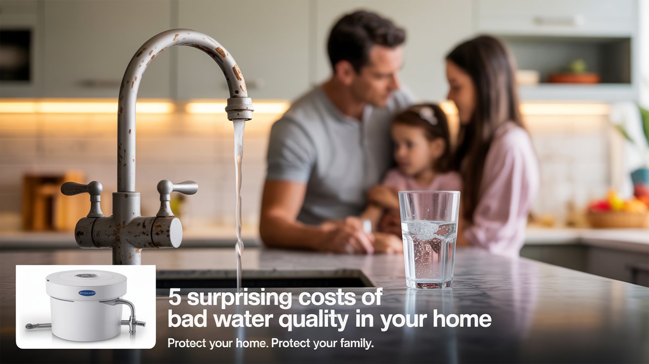 A lifestyle advertisement illustrating the unexpected consequences of poor water quality, featuring a stylish, modern kitchen with subtle signs of damage – a corroded faucet, a discolored showerhead, and a cloudy glass of water on a countertop. Warm, diffused lighting highlights these details, contrasted against a clean, inviting aesthetic with a family subtly visible in the background, evoking a sense of concern and the need for a solution. The composition centers on the affected fixtures, with a small inset image showcasing a pristine water filtration system and the text "5 Surprising Costs of Bad Water Quality in Your Home" elegantly overlaid in the bottom corner, using a clean, professional font. The overall mood is informative yet relatable, conveying the message of proactive home care and promoting a sense of security and well-being with the tagline "Protect Your Home. Protect Your Family." subtly placed below the inset image.