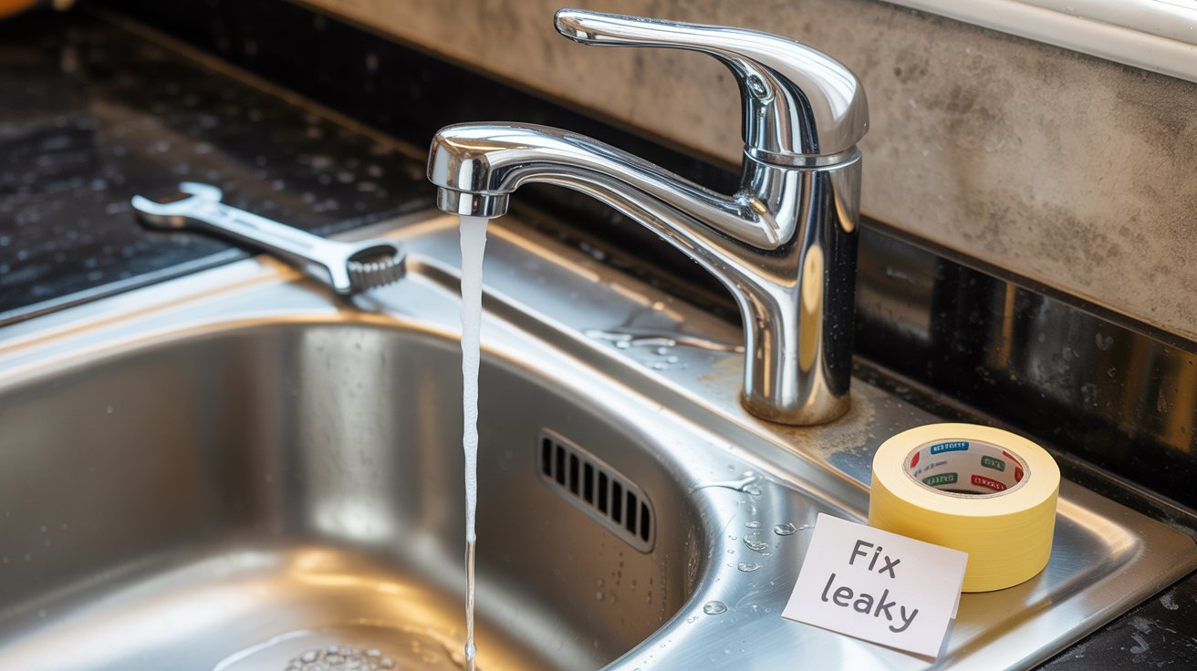 A photograph of a chrome reverse osmosis faucet dripping steadily into a stainless steel sink. The faucet is mounted on a dark granite countertop, showing minor water stains around the base, and a wrench rests nearby. A roll of Teflon tape sits on the counter beside the faucet, with a small handwritten label that reads "fix leaky". Soft, diffused light illuminates the scene, highlighting the textures of the metal and stone.