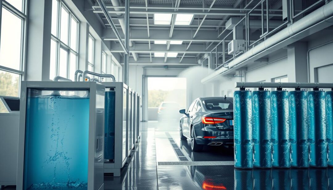 A clean, modern industrial interior with a focus on eco-friendly car wash filtration systems. In the foreground, sleek water filtration units with transparent panels, displaying cascading water and efficient membrane filters. In the middle ground, a car being gently sprayed with recycled water, showcasing the spot-free results. The background features high ceilings, ample natural lighting through large windows, and minimalist architectural elements in shades of gray and white, conveying a sense of efficiency and environmental responsibility. The overall scene radiates a serene, technologically advanced atmosphere.