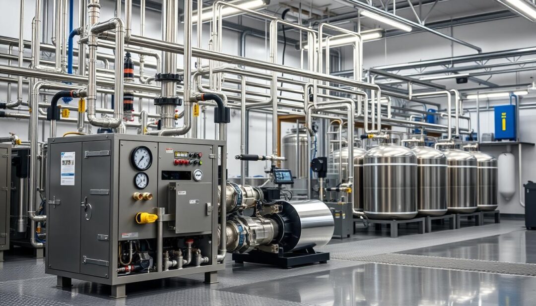 Intricate eco-friendly car wash filtration systems, showcasing advanced water recycling technology. A clean, well-lit industrial setting with gleaming metal pipes, valves, and filtering equipment. In the foreground, a modular, low-profile water treatment unit with precise gauges and controls. Behind it, a series of cascading tanks and filters, efficiently processing and recirculating water. The overall scene conveys a sense of efficient, environmentally-conscious automotive maintenance, utilizing state-of-the-art sustainable solutions.