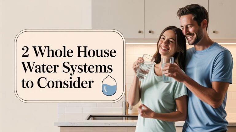 A lifestyle advertisement image for whole house water systems, featuring a warmly-lit, modern kitchen scene where a couple is joyfully drinking water from sleek glass pitchers. The background subtly showcases the water filtration system installed under the sink, while the foreground focuses on the couple’s genuine smiles and relaxed posture, conveying a sense of health and well-being. An elegant, semi-transparent overlay with rounded corners highlights the text “2 Whole House Water Systems to Consider” in a clean, sans-serif font, ensuring readability against the kitchen backdrop, alongside a small, minimalist icon representing purified water. The overall aesthetic is bright, inviting, and trustworthy, emphasizing the ease and benefits of clean water for the entire home with a feeling of contentment and a commitment to wellness.