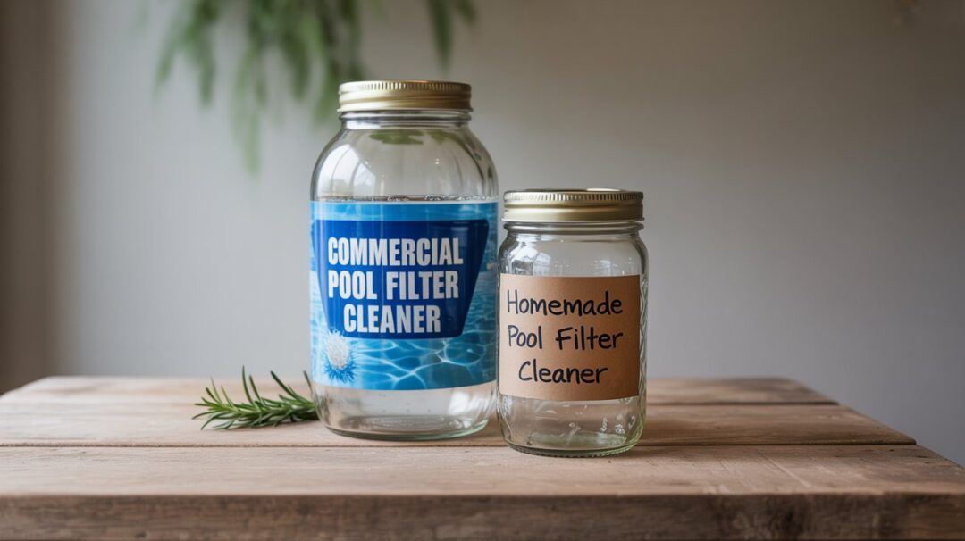 A clean, well-lit overhead shot of two glass jars or containers filled with a clear liquid, one labeled "Commercial Pool Filter Cleaner" and the other "Homemade Pool Filter Cleaner". The commercial cleaner jar has a glossy label with an eye-catching design, while the homemade jar has a simple handwritten label. The containers are placed on a wooden surface with a neutral background, highlighting the visual contrast between the two options. The lighting is soft and diffused, creating a warm, inviting atmosphere. The image should convey the cost-effectiveness and simplicity of the homemade cleaner compared to the more expensive commercial alternative. A photograph capturing a meticulously arranged still life of two glass jars resting on a weathered, light brown wooden tabletop. The jar labeled "Commercial Pool Filter Cleaner" features a vibrant glossy label with bold blue text and a graphic depicting sparkling water, while the second jar displays a simple handwritten label reading "Homemade Pool Filter Cleaner". Soft, diffused natural light illuminates the scene from above, creating subtle reflections on the glass and highlighting the textural difference between the two labels. A single sprig of fresh rosemary rests beside the jars, adding a touch of natural warmth and subtly reinforcing the concept of homemade versus commercial.