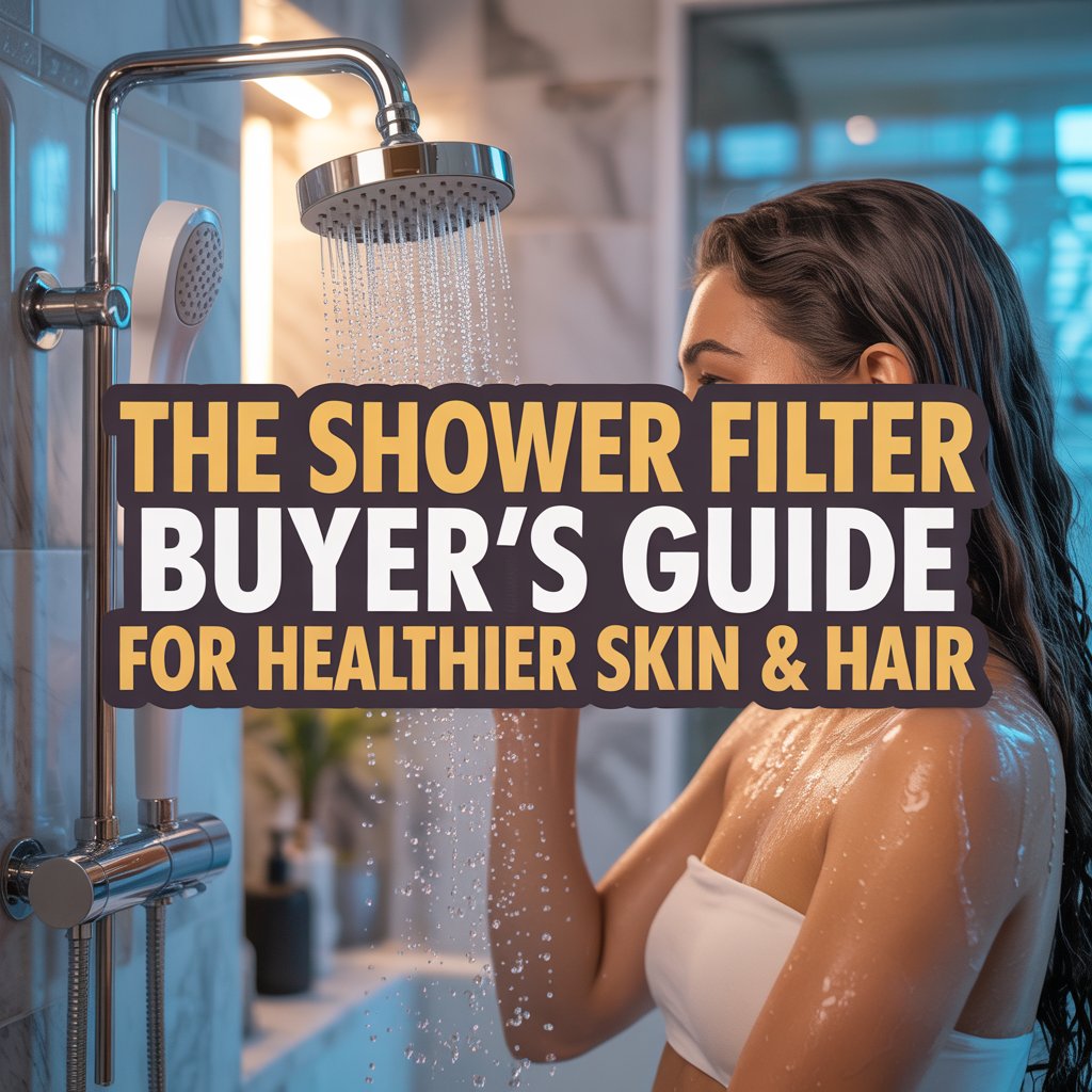 A vibrant YouTube thumbnail design featuring a modern bathroom shower with crystal-clear water cascading from a sleek chrome showerhead equipped with a white cylindrical filter attachment. The background shows a luxurious spa-like bathroom with marble tiles and soft ambient lighting, creating an aspirational wellness atmosphere. Overlaying the scene is bold, eye-catching text that reads "The Shower Filter Buyer's Guide for Healthier Skin & Hair" in bright yellow and white fonts with dark drop shadows and blue accent highlights. The composition includes subtle graphics of healthy hair strands and glowing skin icons, with a semi-transparent gradient overlay that makes the text pop while maintaining the premium, health-focused aesthetic.